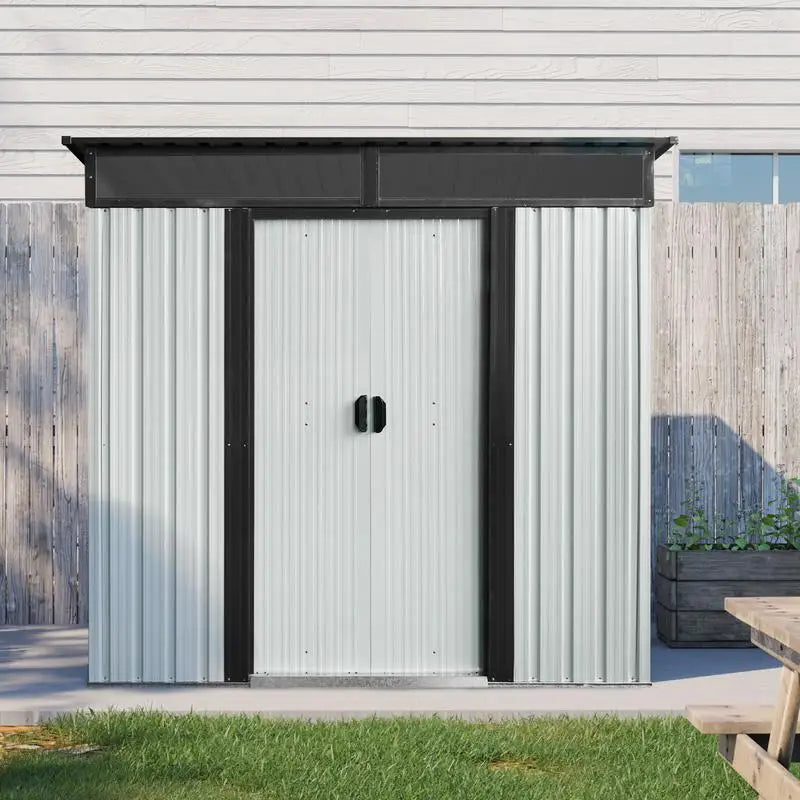 6ft x 5ft Outdoor Metal Storage Shed with Lockable Sliding Doors and Transparent Panel for Garden and Lawn - White & Black