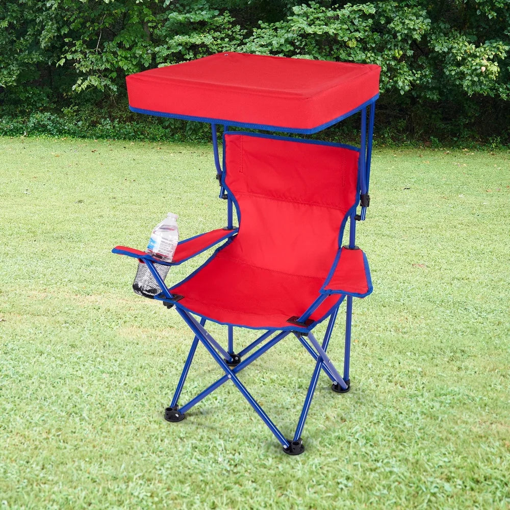 Kids Canopy Camp Chair with Safety Lock Portable Foldable Child Seat with Cup Holder Adjustable Canopy Outdoor Beach Backyard