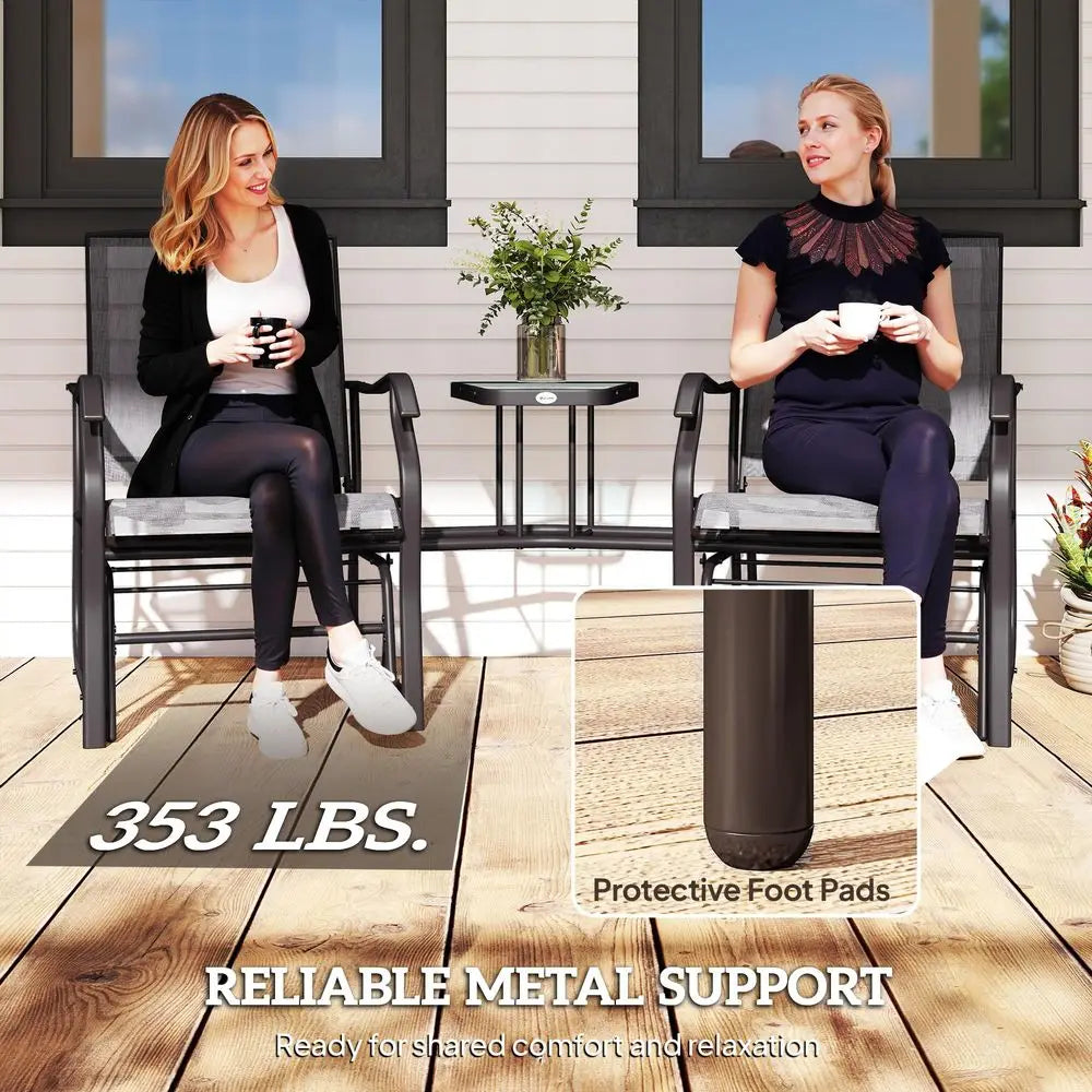 Outdoor Glider Chairs with Coffee Table, Patio 2Seat Rocking Chair Swing Loveseat with Breathable Sling for Backyard, Garden, a