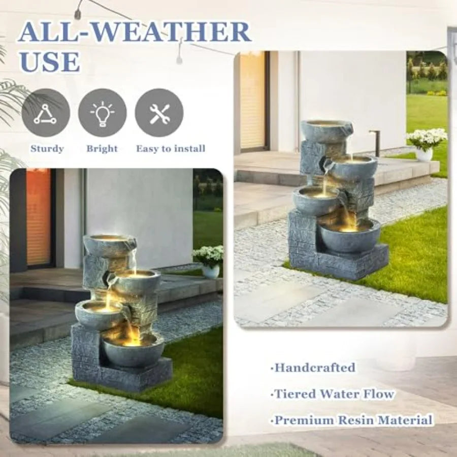 Outdoor 4-Tiers Water Fountain Garden Cascading Waterfalls Fountain with 4 LED Lights 21.9 H Modern Indoor/Outdoor Bowl Waterfa