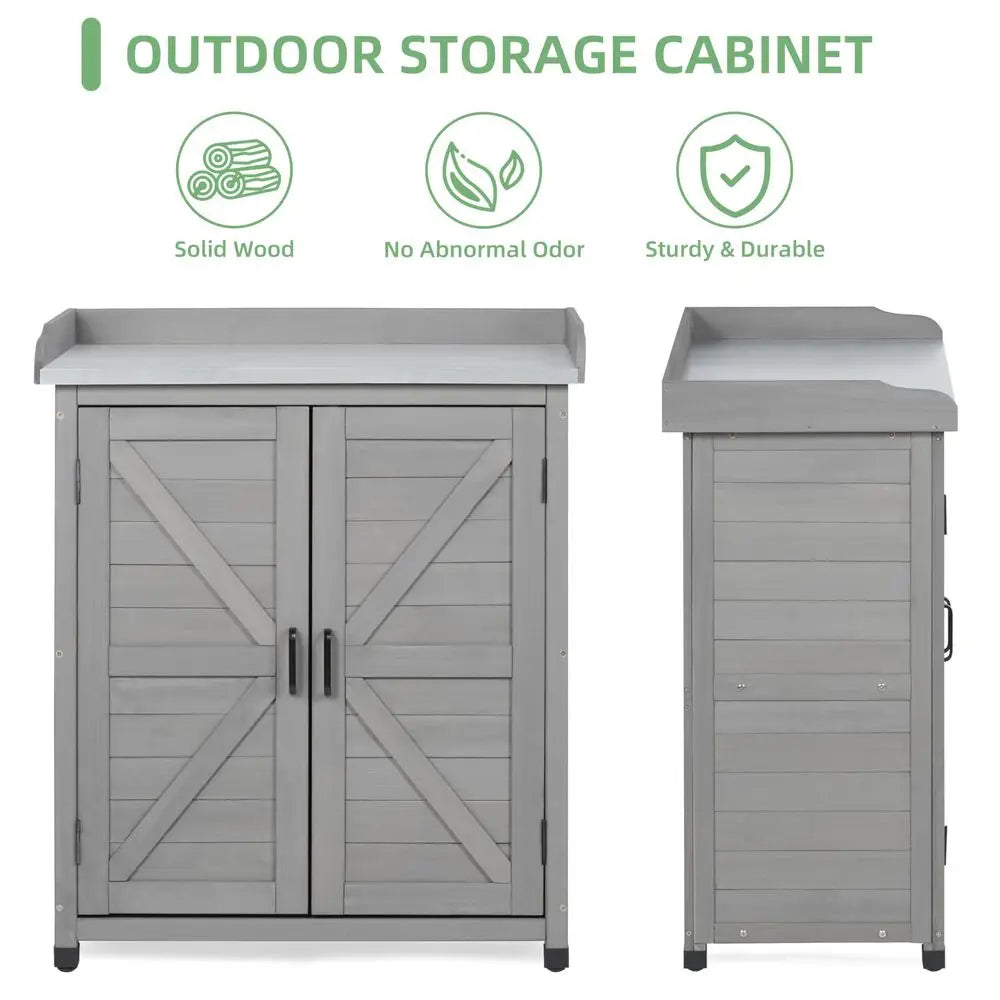 Bench with Storage Cabinet and Metal Table Top for Outdoor Patio, Garden Furniture Wood Workstation Classsic Grey, 31.5x17x39
