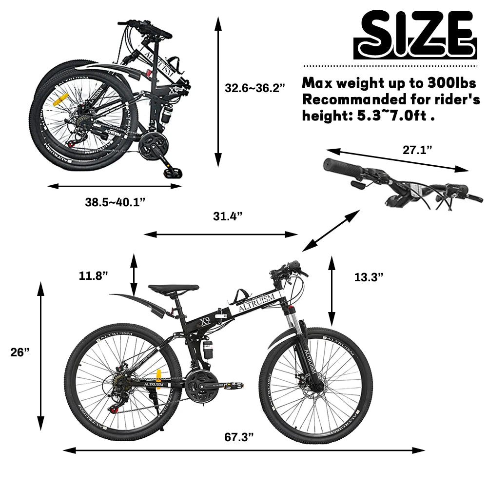 ALTRUISM 26 Inch Full Suspension Mountain Bike for Adults, 21 Speed Dual Disc Brake, Adjustable High Carbon Steel Frame in Black