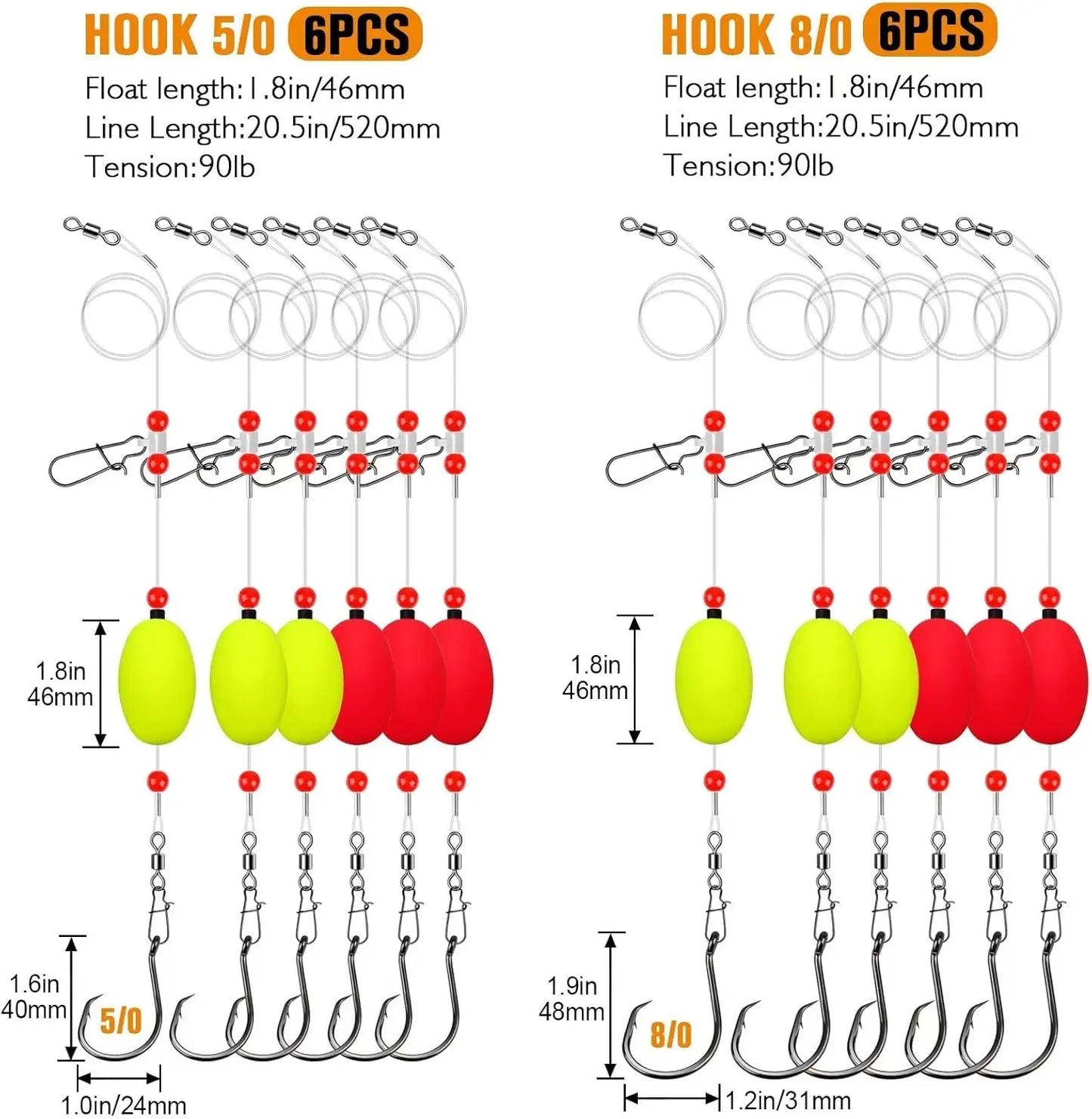 Dovesun Fish Finder Rig with Float 20.5" Surf Fishing Rigs 90LB Surf Fishing Tackle for Shark Bluefish Stripers 6PCS 5/0 8/0
