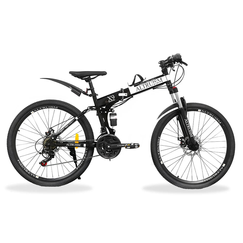 ALTRUISM 26 Inch Full Suspension Mountain Bike for Adults, 21 Speed Dual Disc Brake, Adjustable High Carbon Steel Frame in Black