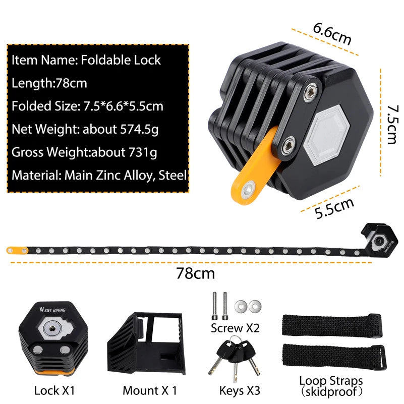 WEST BIKING Foldable Bicycle Lock Alloy Steel Anti-Theft Foldable Hamburg Lock High Security Anti-Theft E-Bike Chain Lock