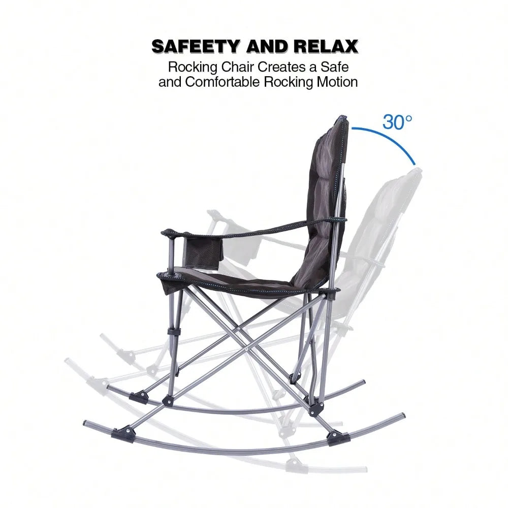 Folding Outdoor Rocking Chair Heavy Duty 300lbs Support Camping Chair with Cup Holder Carry Bag