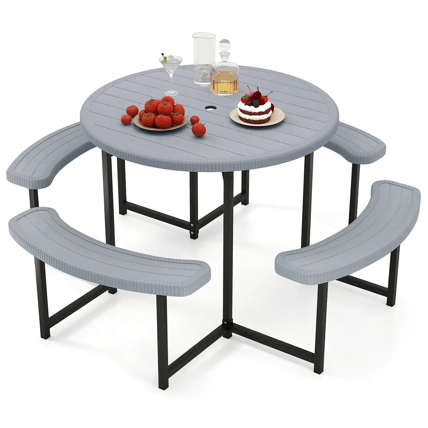 Picnic Table and Chair Set for 4-8 People, 37-inch Round Outdoor Table with Umbrella Holes, Customizable