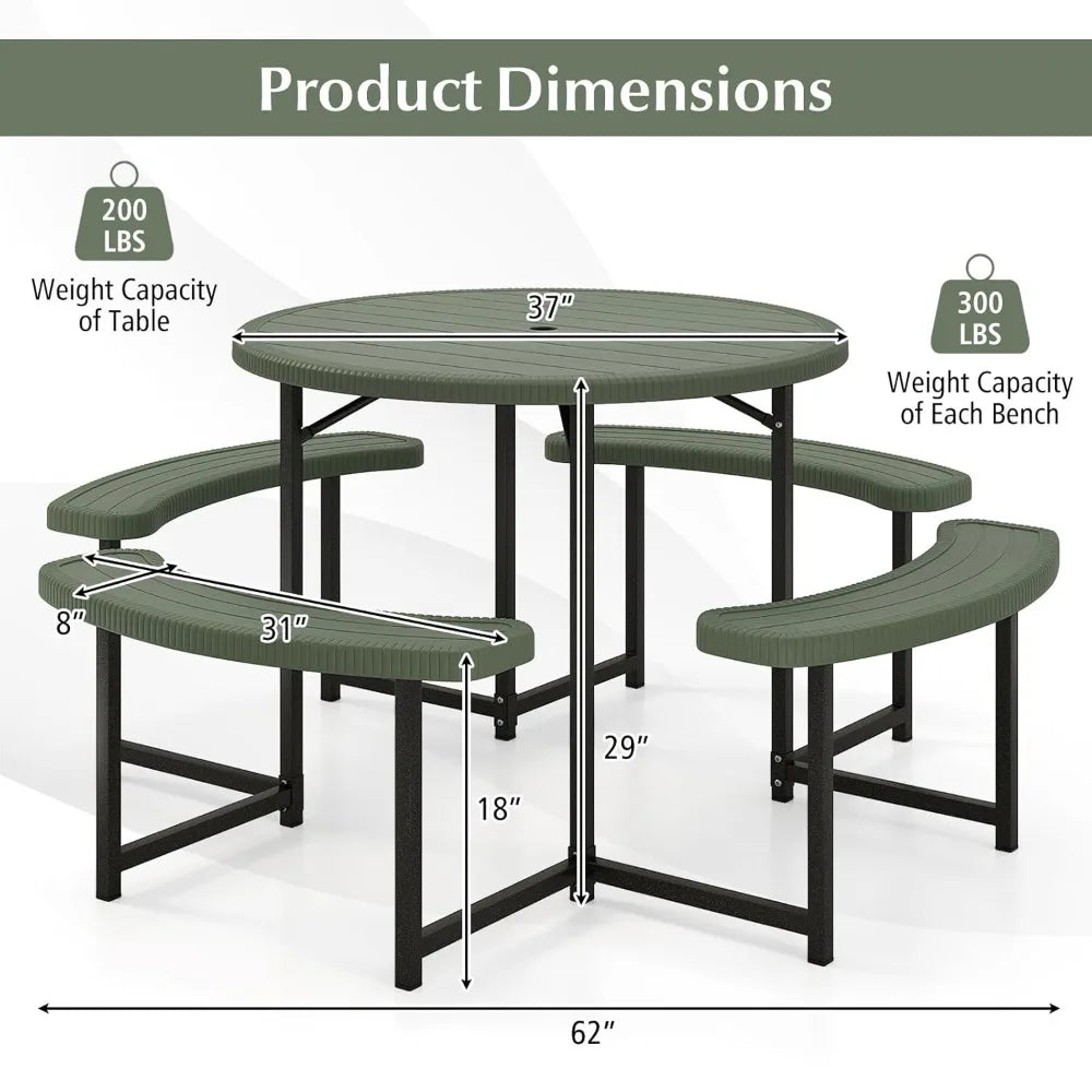 Picnic Table and Chair Set for 4-8 People, 37-inch Round Outdoor Table with Umbrella Holes, Customizable