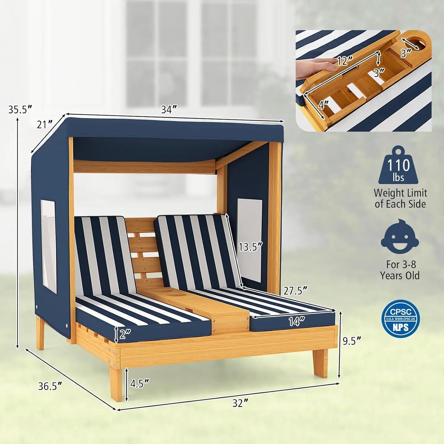 Kids Chaise Lounge Chair Outdoor, Toddler Wood Double Pool Lounger Chairs w/Canopy, Cup Holders, Removable Stripped, Customized