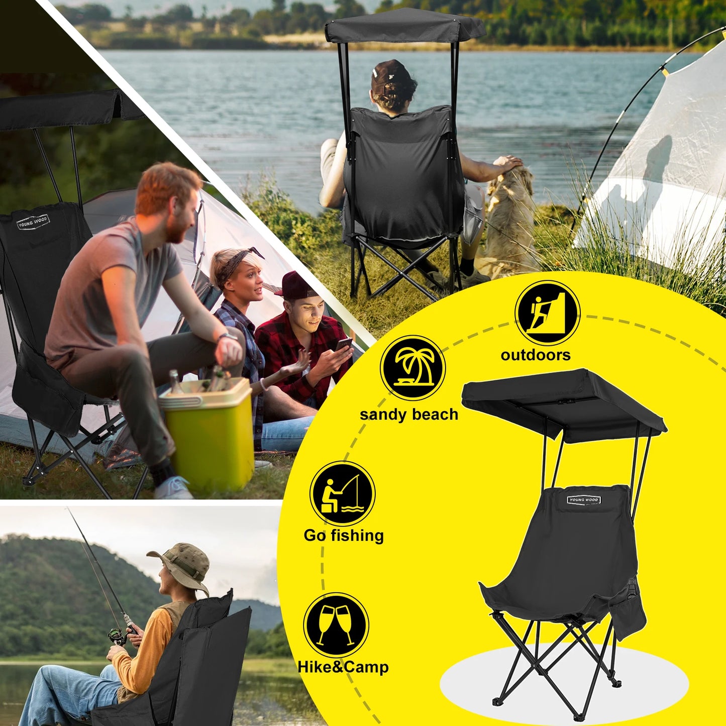 YOUNG WOOD Portable Camping Chair Beach Chair With Shade Canopy, Fold Lightweight Oversized For All, Easy To Open And Close