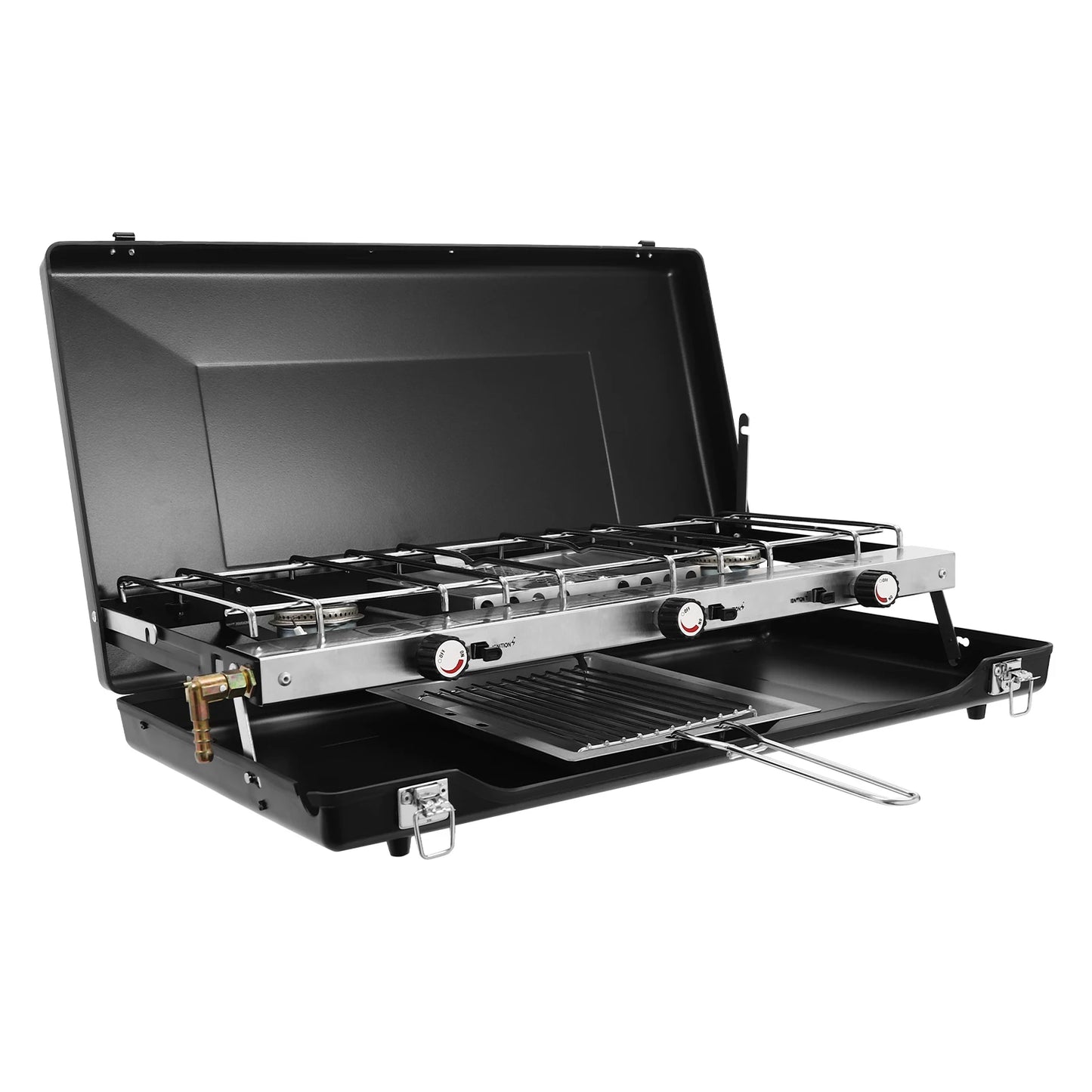 3 Burner Portable Camping Stove With Griddle And Windshield