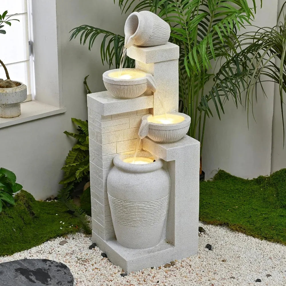 42.52 Inch Tall Outdoor Garden Water Fountain with 4 Cascading Tiers and LED Lights, Suitable for Patio and Backyard