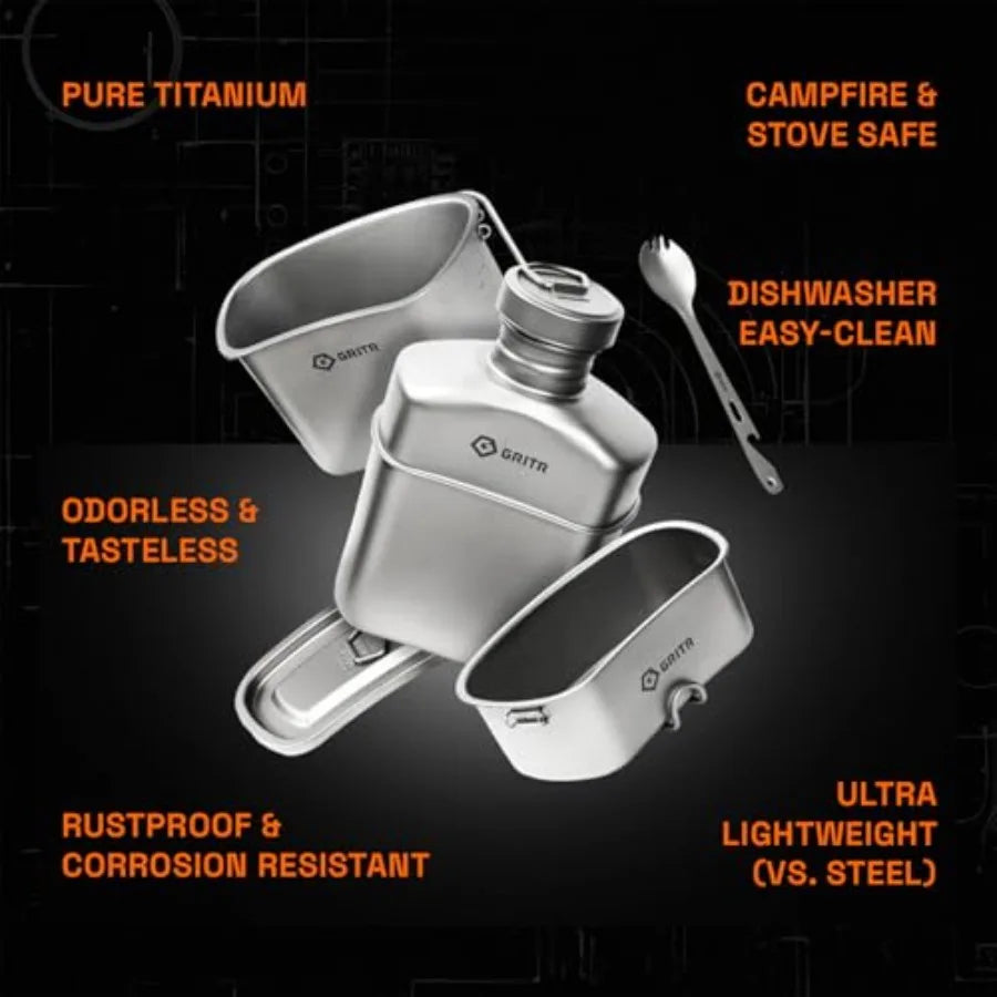 GRITR Titanium Canteen Mess Kit for Backpacking Hiking Fishing Compact Ultralight Durable Open Fire Cookware Set in Silver with