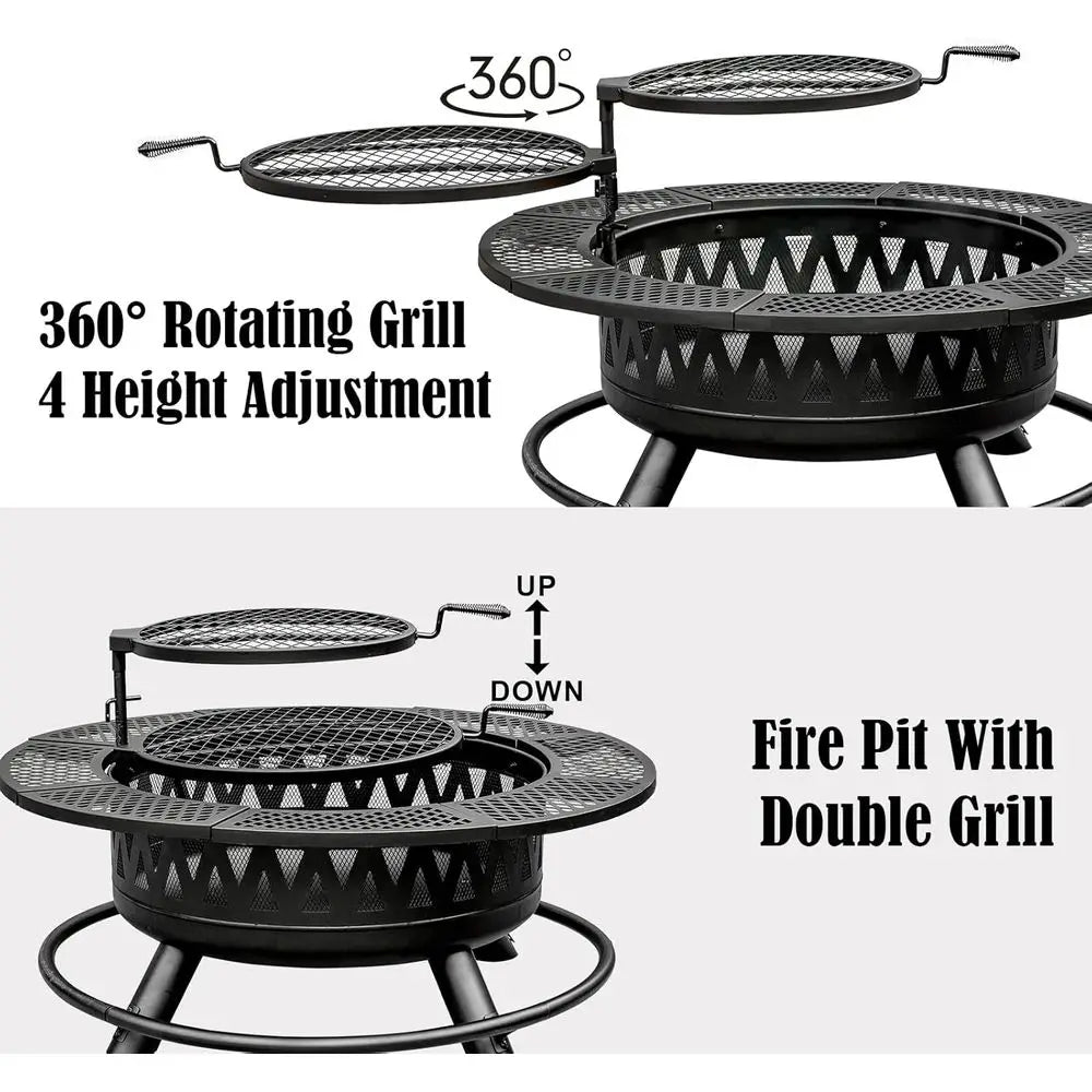 42 Double Grill Fire Pit - Outdoor Wood-Burning Fireplace for Camping, Picnics, Bonfires - 3-in-1 Metal Table with Lid for Backy