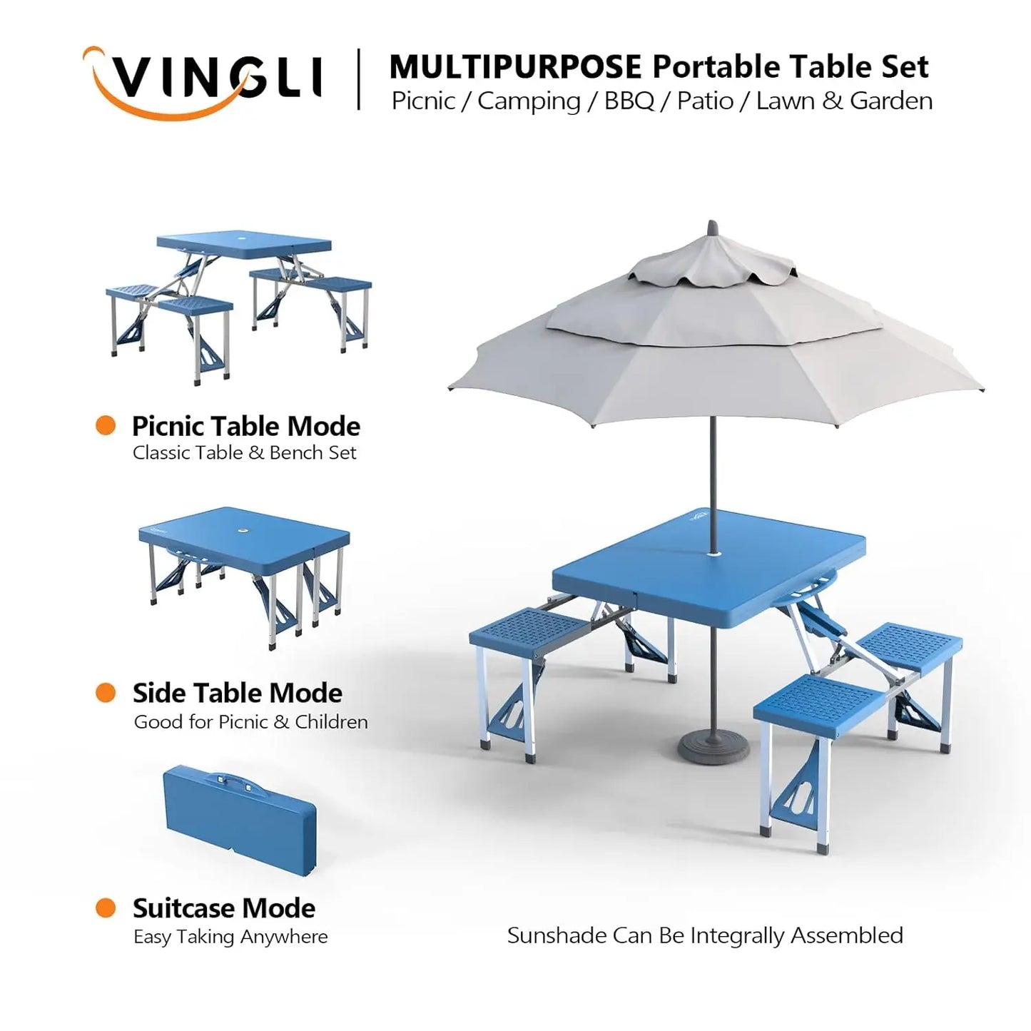 Aluminum Camping Picnic Table Set With Seats And Umbrella Hole