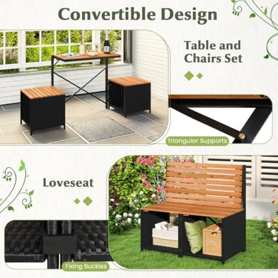 2-in-1 Outdoor Convertible Bench with Metal Frame PE Rattan Acacia Wood Foldable Picnic Table and Chairs Set in Brown for Porch