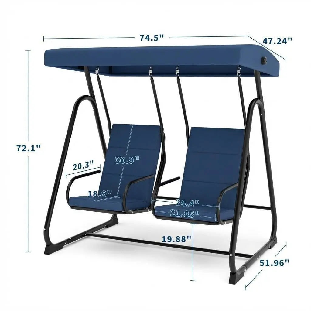 2 Person Outdoor Swing Chair Adjustable Canopy, Heavy Duty Porch Glider, Removable Cushions, Patio Swing For Garden Poolside