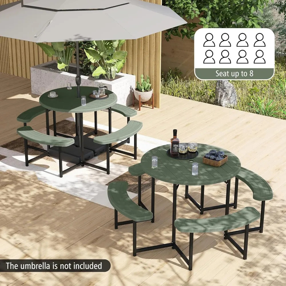 Picnic Table and Chair Set for 4-8 People, 37-inch Round Outdoor Table with Umbrella Holes, Customizable