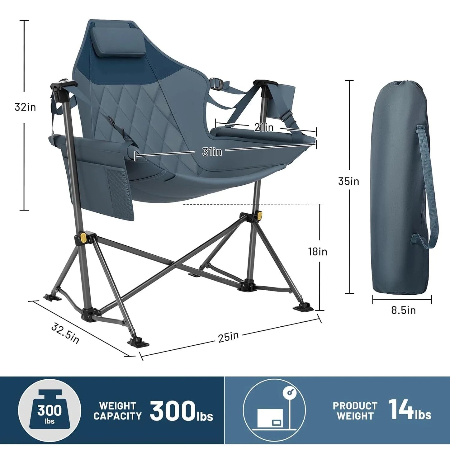 Heavy Duty Folding Hammock Camping Chair with Adjustable Backrest Supports 300lbs, Portable Hammock, Customized