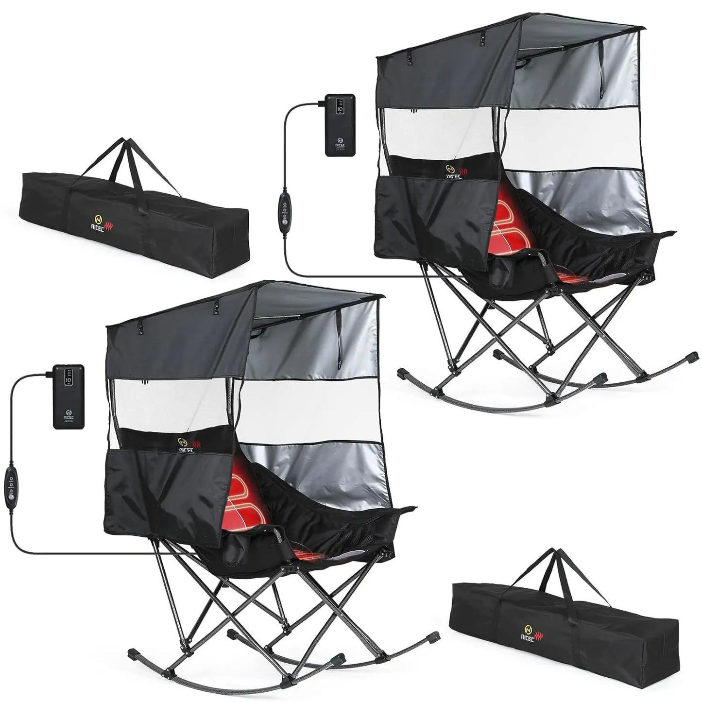 Heated Rocking Camping Chair with Canopy, XL Oversized Folding Rocker with Battery, Outdoor Umbrella Chairs with, Customized