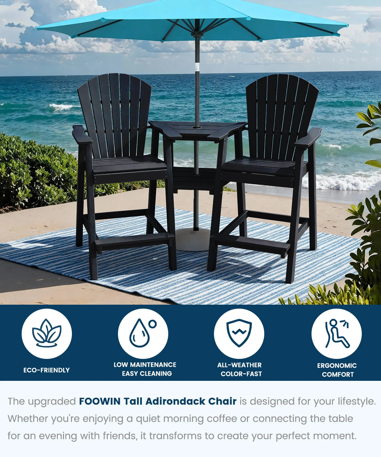 FOOWIN Tall Adirondack Chair Set of 2, All Weather HDPE Bar Height Adirondack Chair with Double Connecting Trays