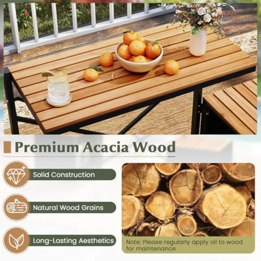 2-in-1 Outdoor Convertible Bench with Metal Frame PE Rattan Acacia Wood Foldable Picnic Table and Chairs Set in Brown for Porch