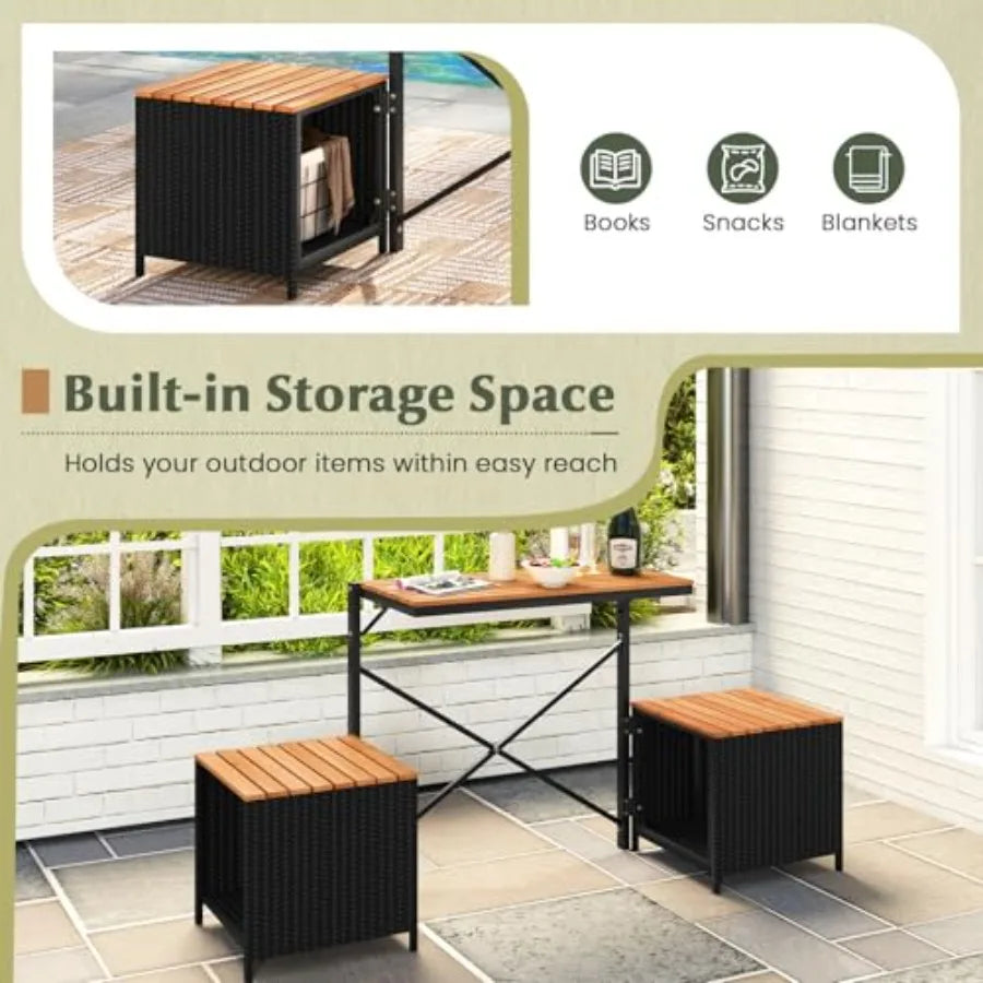 2-in-1 Outdoor Convertible Bench with Metal Frame PE Rattan Acacia Wood Foldable Picnic Table and Chairs Set in Brown for Porch
