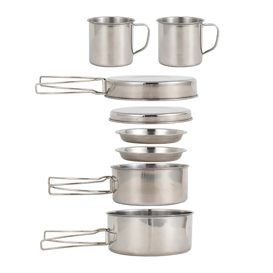 CAOX 8pcs/Set Camping Cookware Mess Kit Stainless Steel Cooking Pot and Pan Set with Plates Cups for Outdoor Hiking Backpacking