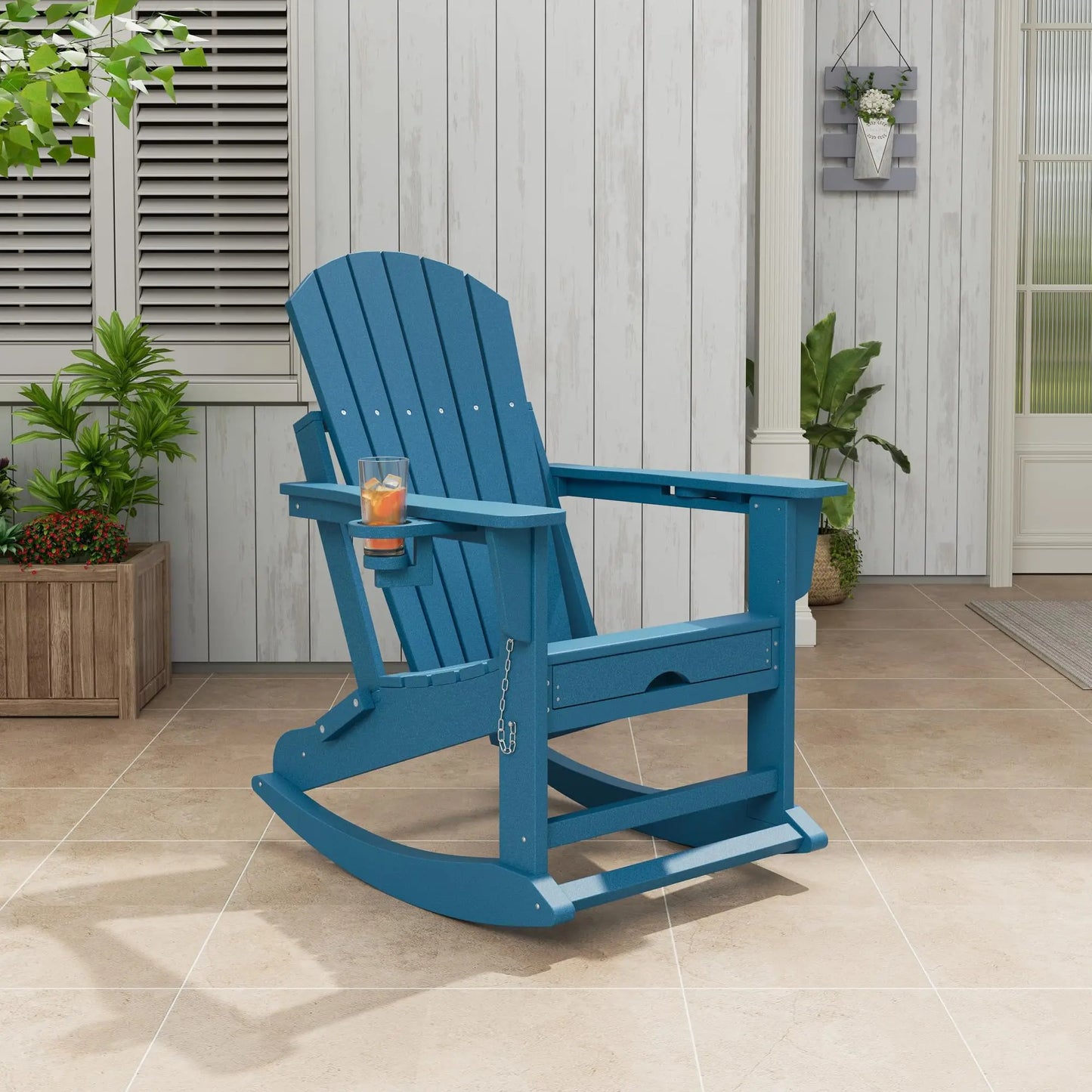 4-In-1 Adirondack Rocking Chair, HDPE All-Weather Folding Rocker With Retractable Ottoman Cup Holders, Outdoor Porch Patio Chair