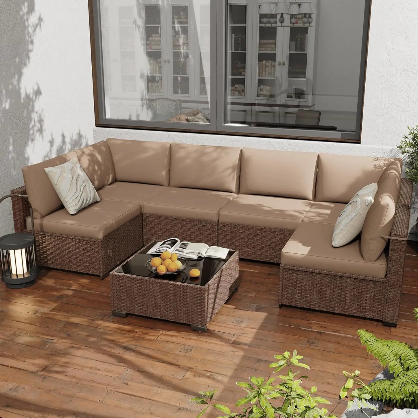 -Piece PE Rattan Outdoor Sectional Sofa, All-Weather Wicker Patio Conversation Set with Cushions & Coffee Table Gar