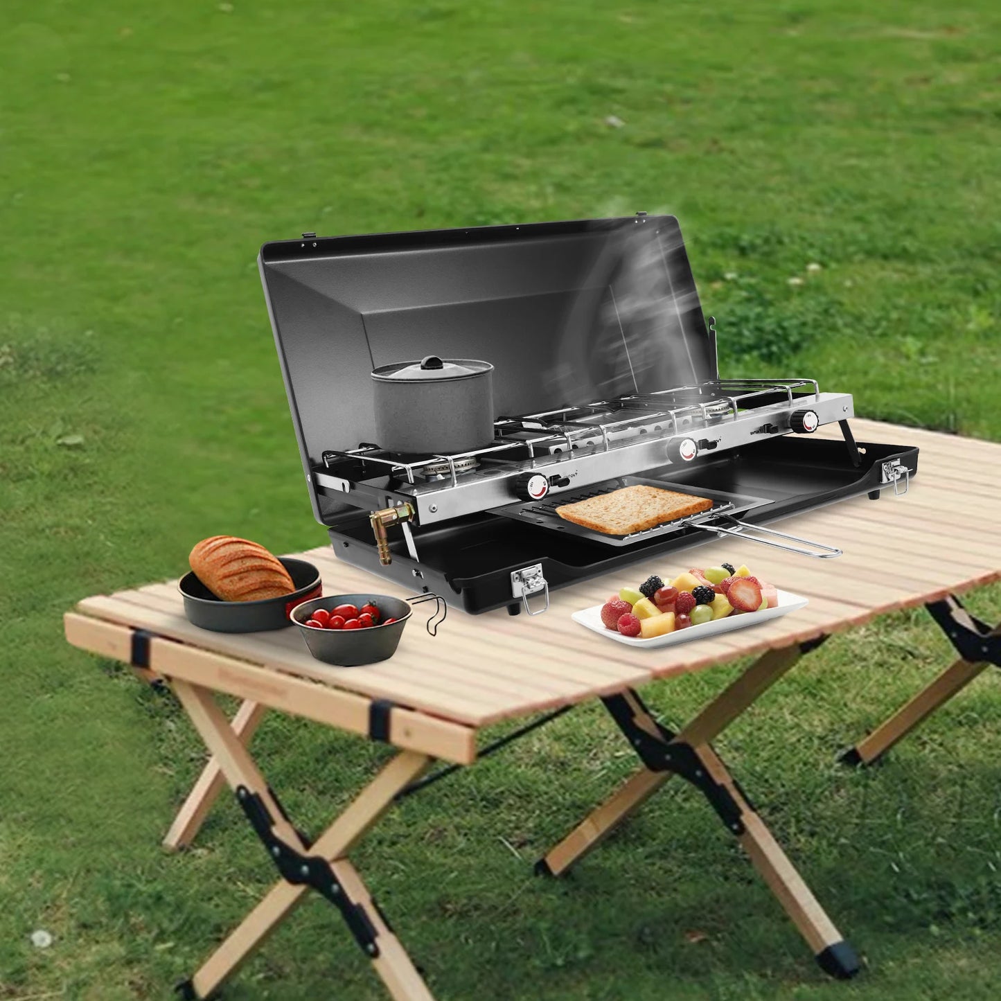 3 Burner Portable Camping Stove With Griddle And Windshield