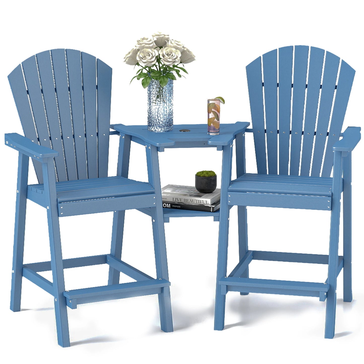 FOOWIN Tall Adirondack Chair Set of 2, All Weather HDPE Bar Height Adirondack Chair with Double Connecting Trays