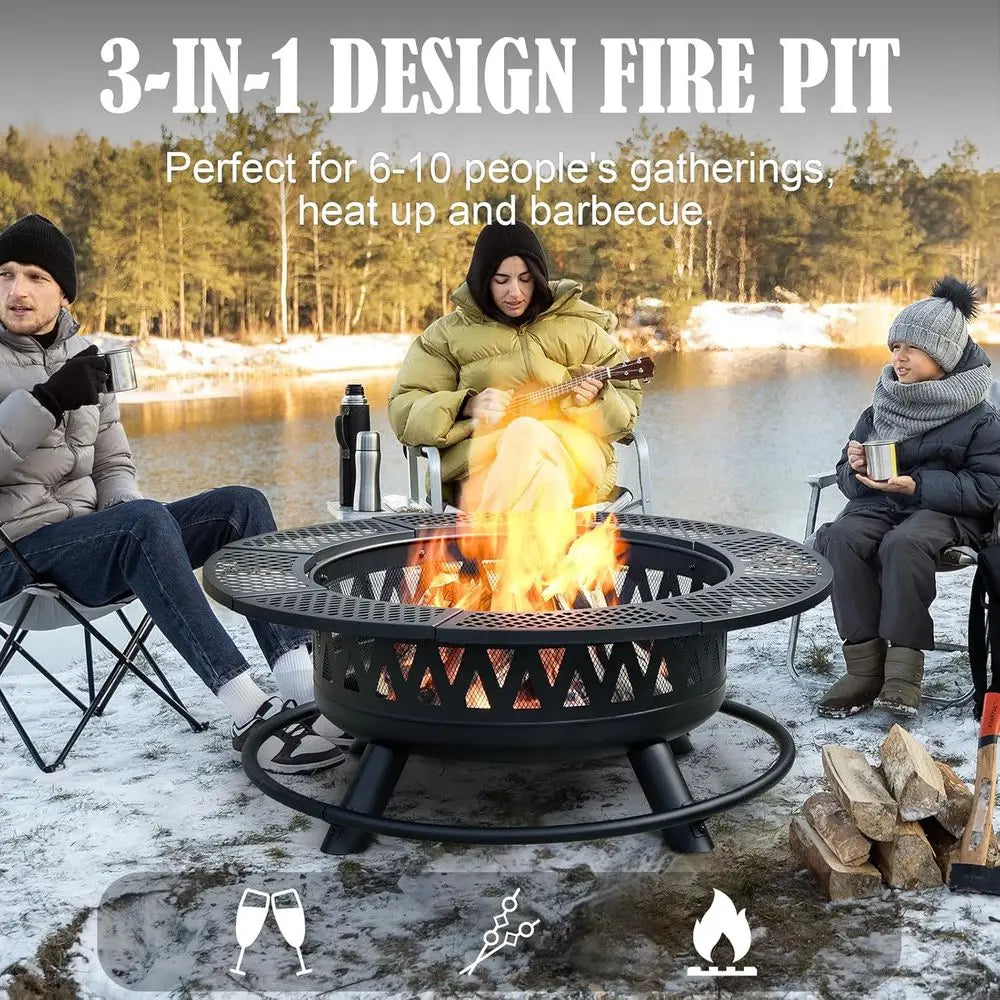 42 Double Grill Fire Pit - Outdoor Wood-Burning Fireplace for Camping, Picnics, Bonfires - 3-in-1 Metal Table with Lid for Backy