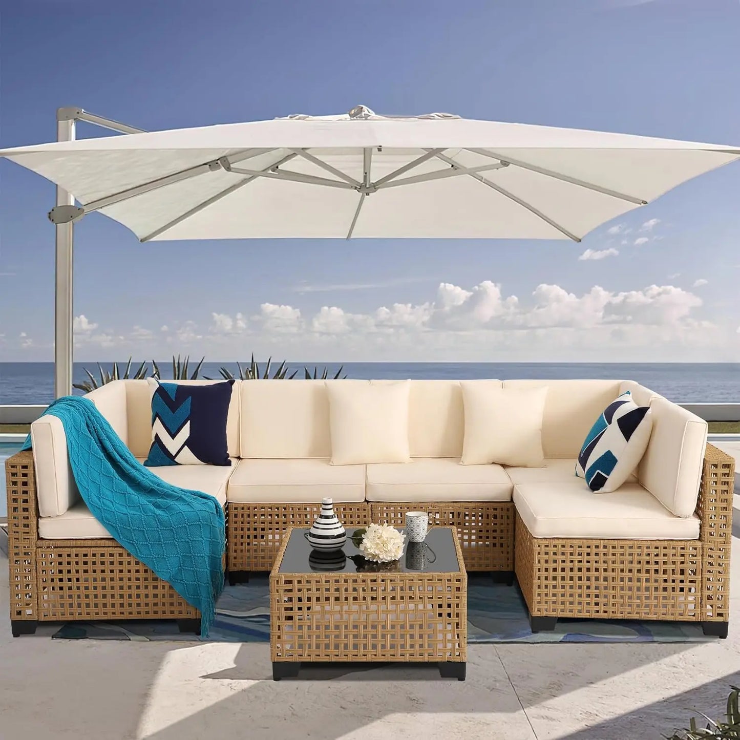 -Piece PE Rattan Outdoor Sectional Sofa, All-Weather Wicker Patio Conversation Set with Cushions & Coffee Table Gar