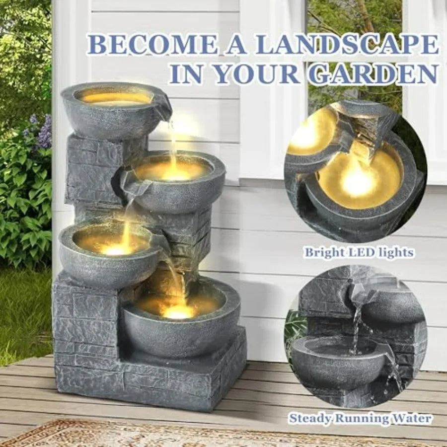 Outdoor 4-Tiers Water Fountain Garden Cascading Waterfalls Fountain with 4 LED Lights 21.9 H Modern Indoor/Outdoor Bowl Waterfa