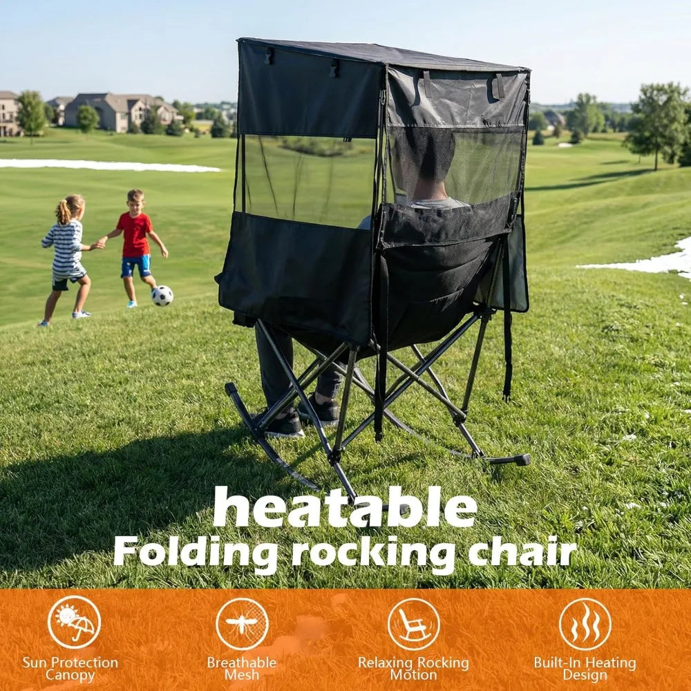 Heated Rocking Camping Chair with Canopy, XL Oversized Folding Rocker with Battery, Outdoor Umbrella Chairs with, Customized