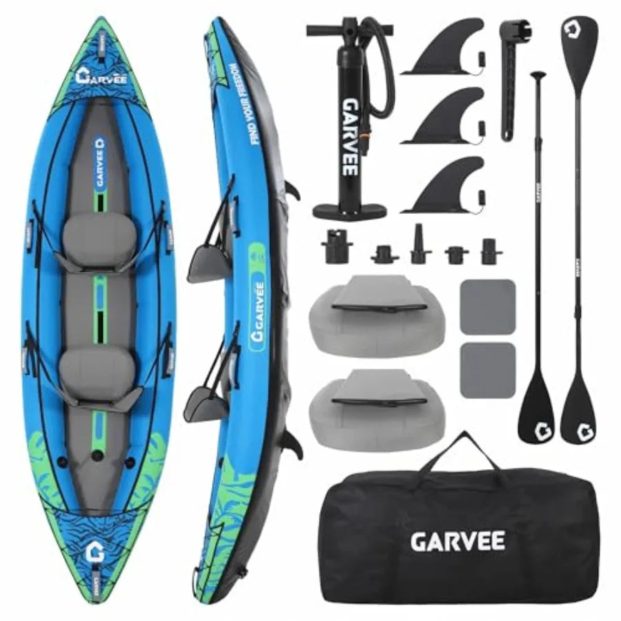 2 Person Inflatable Kayak for Fishing and Touring, PVC Material, Gray/Blue, Portable with Padded Seat, 3 Fins, Hand Pump, Carry