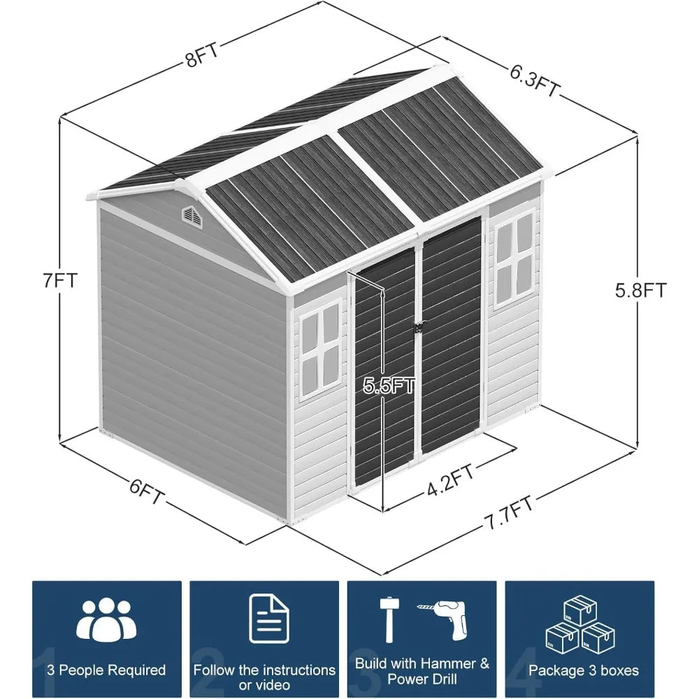 8x6 FT Resin Storage Shed with Floor & Adjustable Windows Large Outdoor Shed Waterproof Plastic Garden Sheds for, Customized