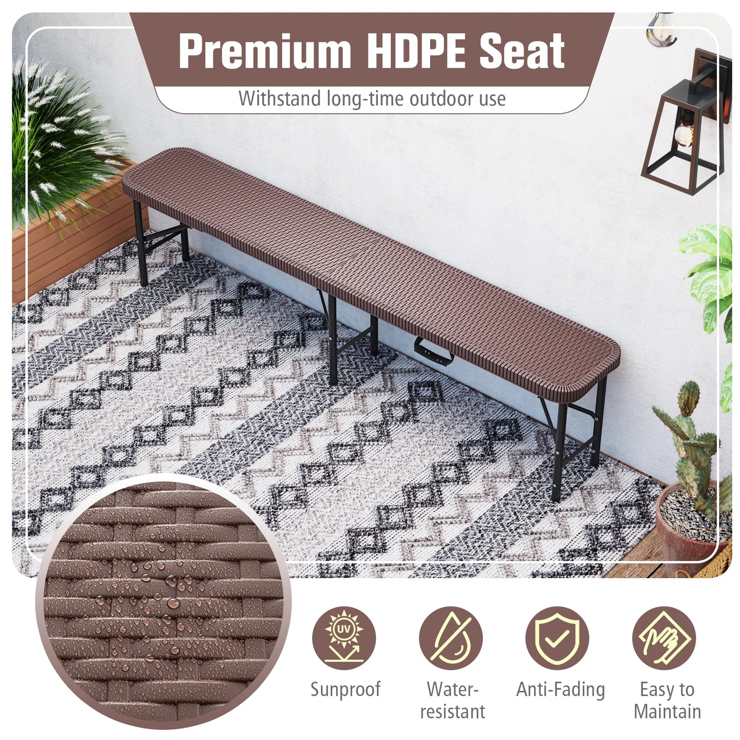 6 ft Plastic Folding Bench w/1320 LBS Capacity Handle & Lock For Outdoor Camping