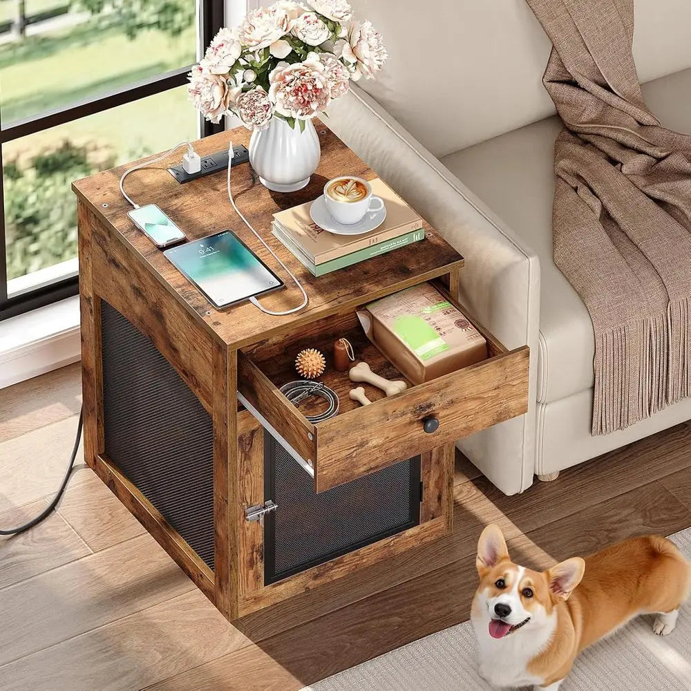 Dog Crate urniture, Dog Kennel with Der and Charging Station, Indoor Decorative Puppy House, Wooden Pet Crate End Table or Small