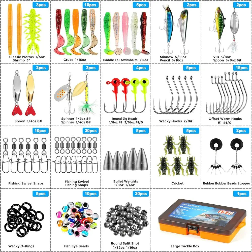 137-Piece Fishing Tackle Set with Lures, Hooks, Weights, and More - Ideal Bass Freshwater Fishing Gift for Men
