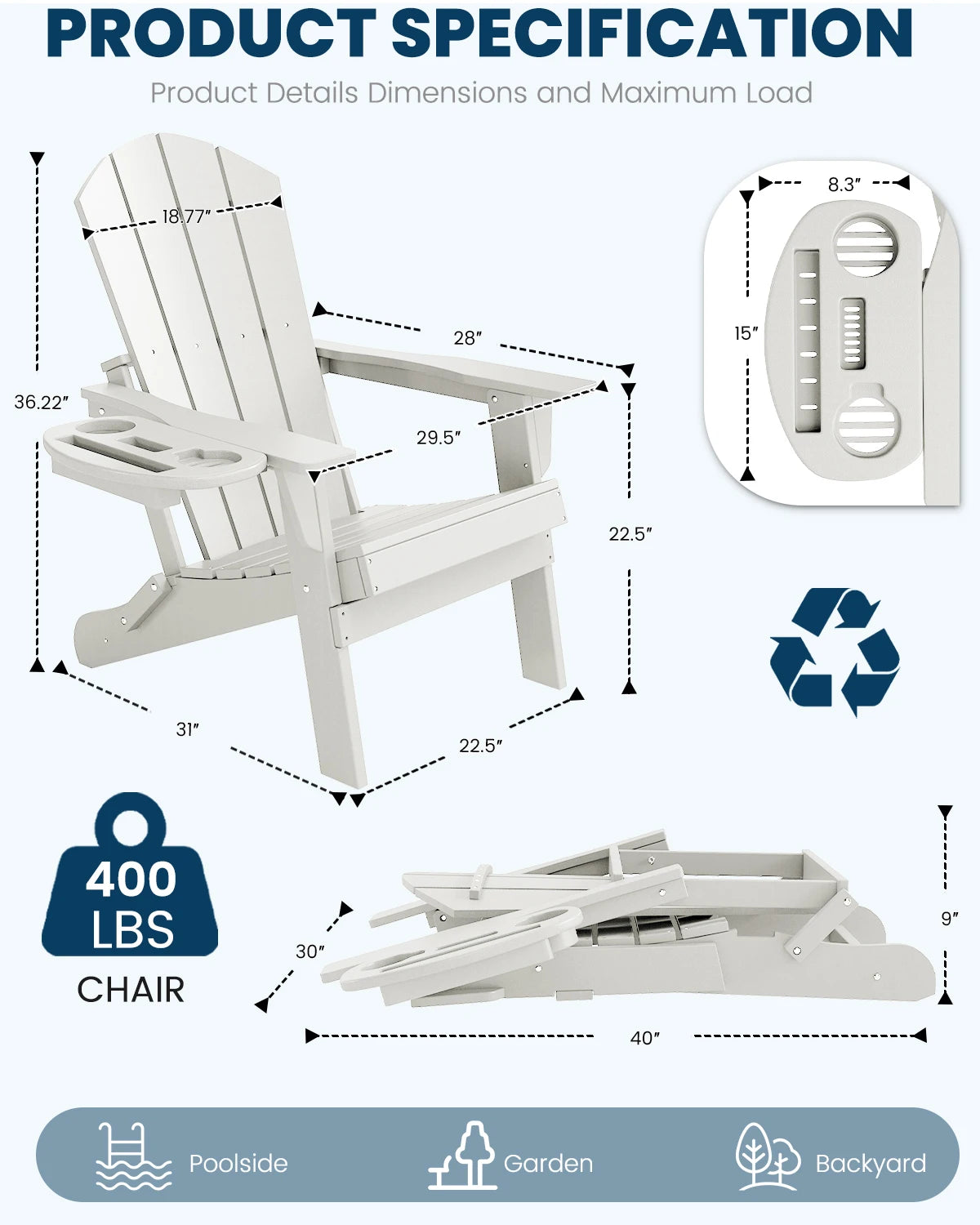 FOOWIN 1/2pcs Folding Adirondack Chair Weather Resistant HDPE Plastic Cup Holder Outdoor Patio Garden Fire Pit Deck Lawn
