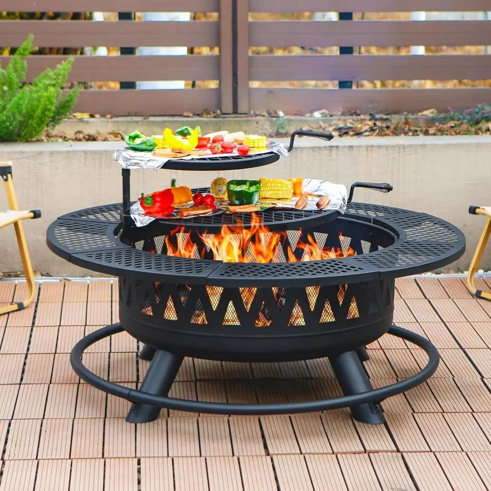 42 Double Grill Fire Pit - Outdoor Wood-Burning Fireplace for Camping, Picnics, Bonfires - 3-in-1 Metal Table with Lid for Backy