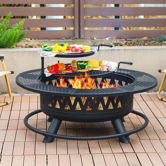 42 Double Grill Fire Pit - Outdoor Wood-Burning Fireplace for Camping, Picnics, Bonfires - 3-in-1 Metal Table with Lid for Backy