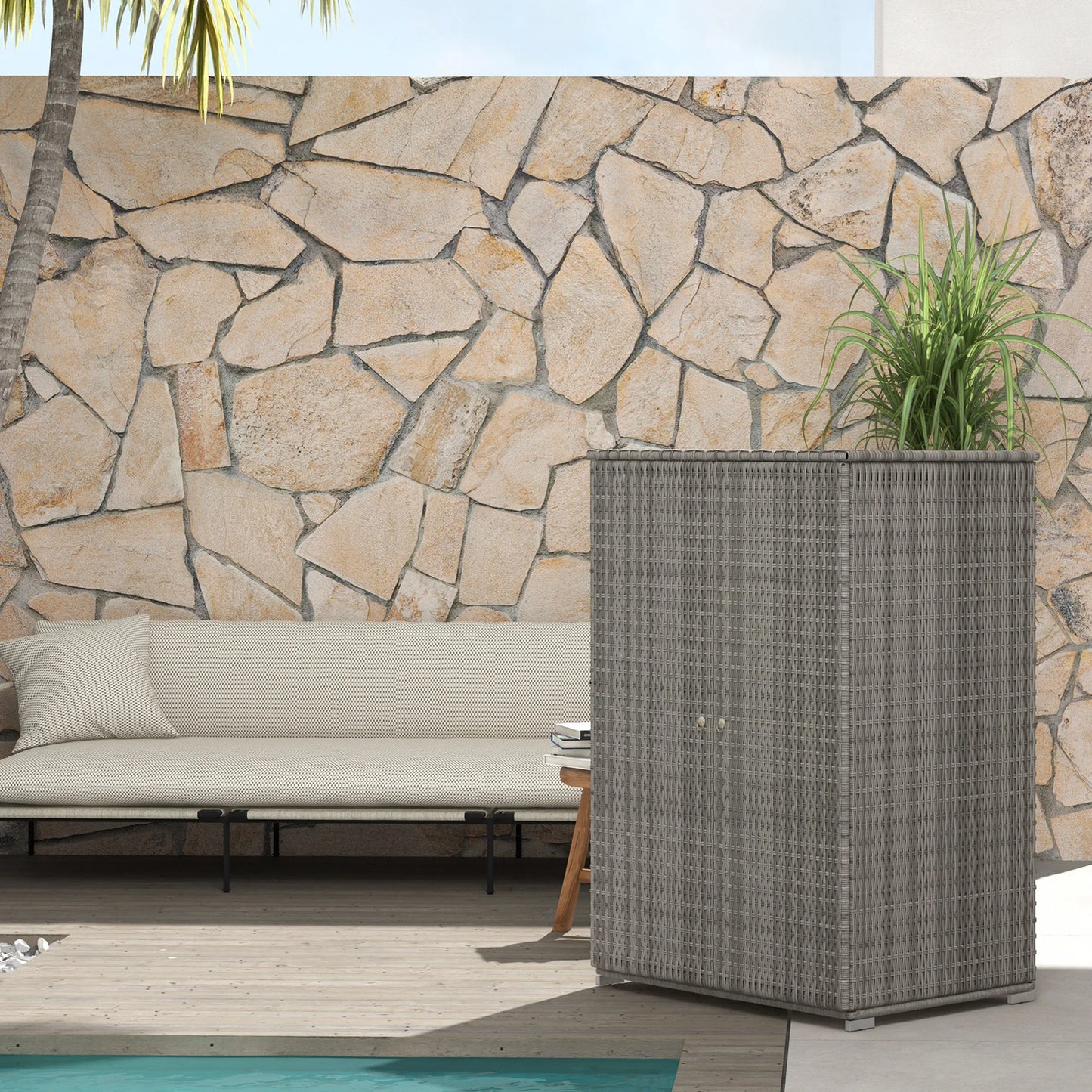 Outsunny Outdoor Wicker Towel Rack for Pool W/ Drawer & Cabinet, Dark Gray