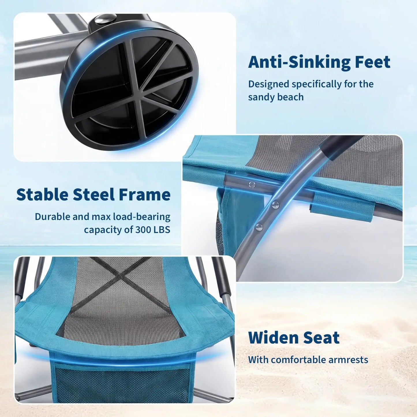 2 Pack Low Beach Chairs Folding Portable Camping Chair Heavy Duty Wide Seat With Cup Holder Carry Bag For Outdoor Sand Travel