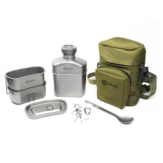 GRITR Titanium Canteen Mess Kit for Backpacking Hiking Fishing Compact Ultralight Durable Open Fire Cookware Set in Silver with