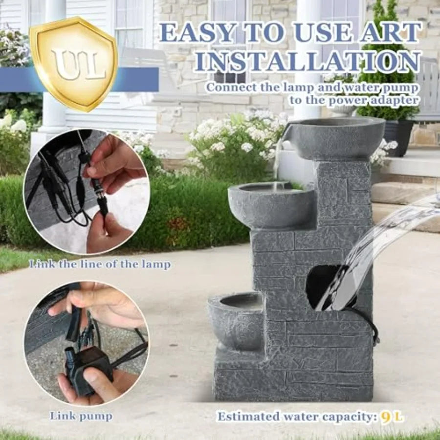 Outdoor 4-Tiers Water Fountain Garden Cascading Waterfalls Fountain with 4 LED Lights 21.9 H Modern Indoor/Outdoor Bowl Waterfa