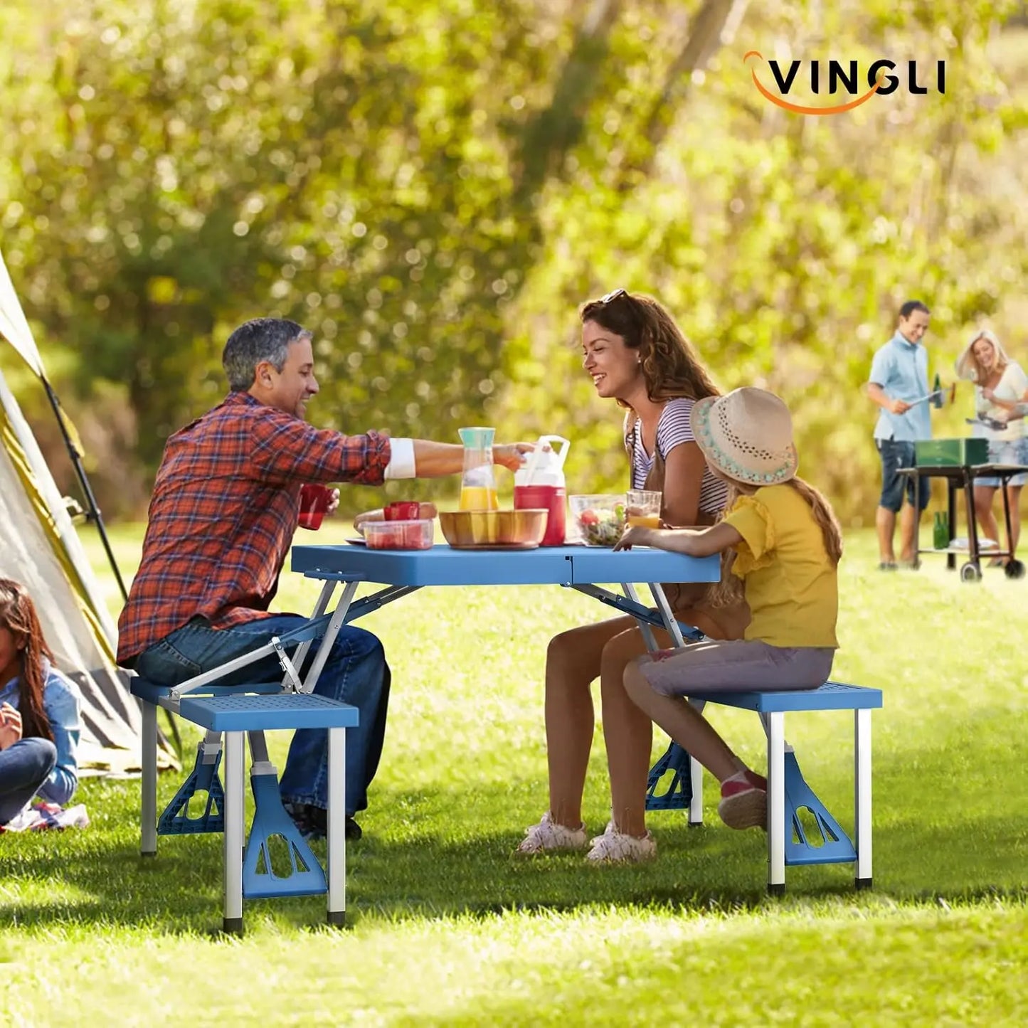 Aluminum Camping Picnic Table Set With Seats And Umbrella Hole