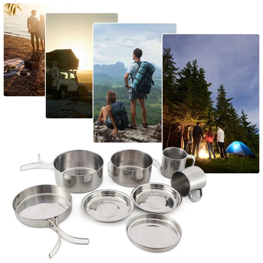 CAOX 8pcs/Set Camping Cookware Mess Kit Stainless Steel Cooking Pot and Pan Set with Plates Cups for Outdoor Hiking Backpacking
